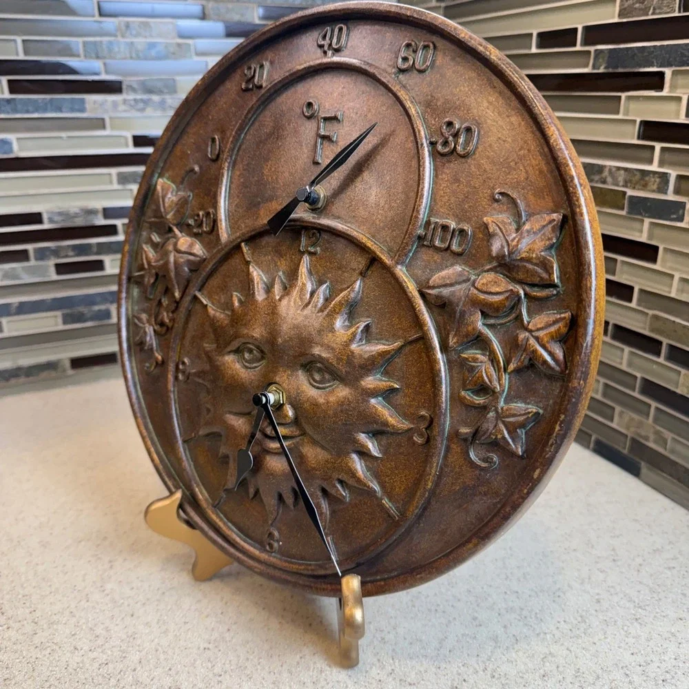 Bronze Sun Face Wall Clock & Thermometer Celestial Indoor/Outdoor Decor 11.5